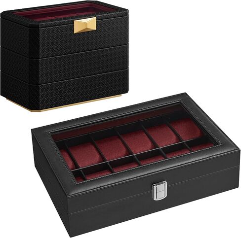 صندوق ساعة SONGMICS مكون من 12 فتحة وحزمة صندوق ساعة مكونة من 3 طبقات، علبة ساعة بغطاء زجاجي كبير، وسائد ساعة قابلة للإزالة، فكرة هدية، سطح أسود بالحبر، بطانة حمراء نبيذية UJWB120R01 وUJWB021R01 in Kuwait