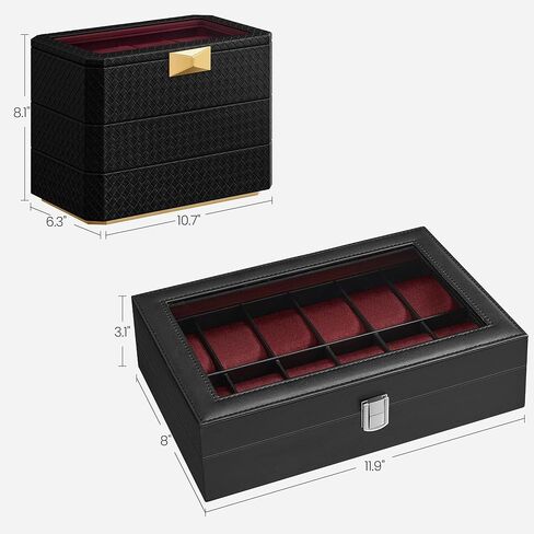صندوق ساعة SONGMICS مكون من 12 فتحة وحزمة صندوق ساعة مكونة من 3 طبقات، علبة ساعة بغطاء زجاجي كبير، وسائد ساعة قابلة للإزالة، فكرة هدية، سطح أسود بالحبر، بطانة حمراء نبيذية UJWB120R01 وUJWB021R01 in Kuwait