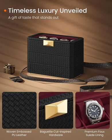 صندوق ساعة SONGMICS مكون من 12 فتحة وحزمة صندوق ساعة مكونة من 3 طبقات، علبة ساعة بغطاء زجاجي كبير، وسائد ساعة قابلة للإزالة، فكرة هدية، سطح أسود بالحبر، بطانة حمراء نبيذية UJWB120R01 وUJWB021R01 in Kuwait