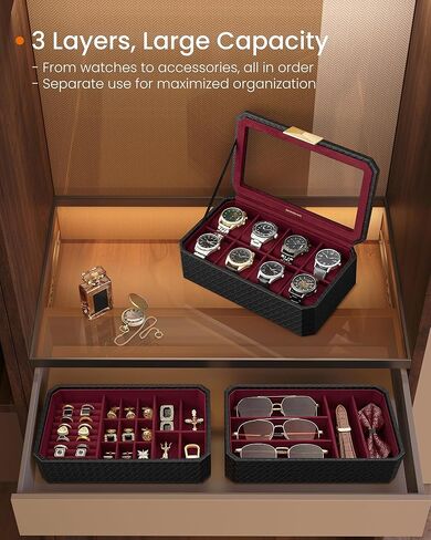 صندوق ساعة SONGMICS مكون من 12 فتحة وحزمة صندوق ساعة مكونة من 3 طبقات، علبة ساعة بغطاء زجاجي كبير، وسائد ساعة قابلة للإزالة، فكرة هدية، سطح أسود بالحبر، بطانة حمراء نبيذية UJWB120R01 وUJWB021R01 in Kuwait