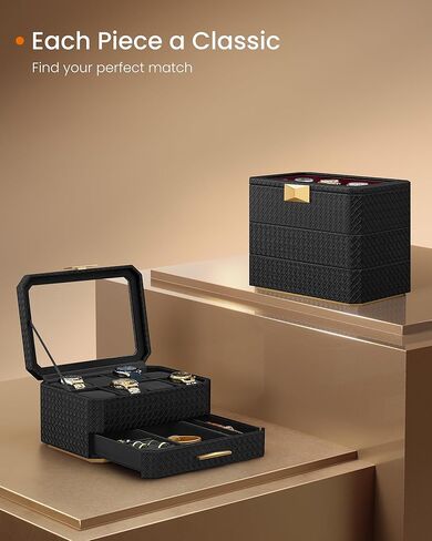 صندوق ساعة SONGMICS مكون من 12 فتحة وحزمة صندوق ساعة مكونة من 3 طبقات، علبة ساعة بغطاء زجاجي كبير، وسائد ساعة قابلة للإزالة، فكرة هدية، سطح أسود بالحبر، بطانة حمراء نبيذية UJWB120R01 وUJWB021R01 in Kuwait