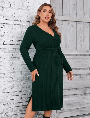 KOJOOIN Women Plus Size Sweater Dress V-Neck Long Sleeve Knit Dress Side Split Elegant Sweater Dress with Belt in Kuwait