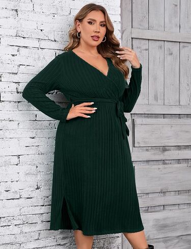 KOJOOIN Women Plus Size Sweater Dress V-Neck Long Sleeve Knit Dress Side Split Elegant Sweater Dress with Belt in Kuwait