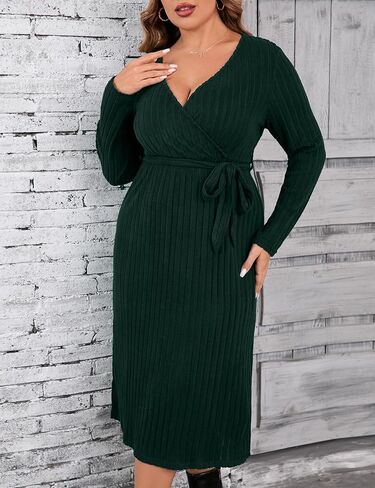 KOJOOIN Women Plus Size Sweater Dress V-Neck Long Sleeve Knit Dress Side Split Elegant Sweater Dress with Belt in Kuwait
