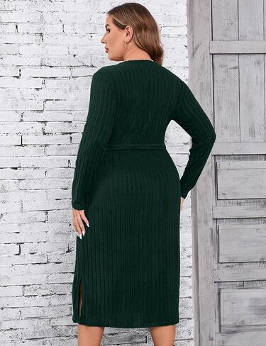 KOJOOIN Women Plus Size Sweater Dress V-Neck Long Sleeve Knit Dress Side Split Elegant Sweater Dress with Belt in Kuwait