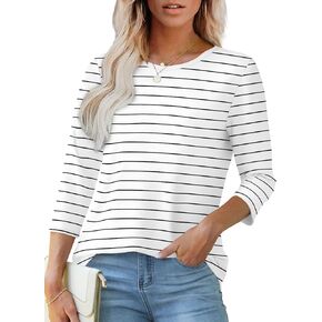 OFEEFAN Blouses for Women Dressy Casual Loose Fit Casual Summer Tunic Tops Floral Crew Neck Spring Tops Black Stripe L