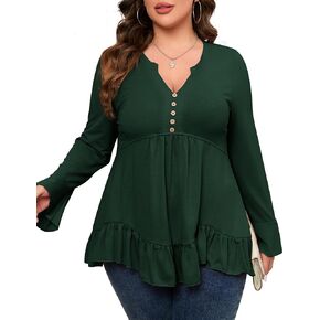 Clearlove Womens Plus Size Tops Blouse Long Sleeve Henley V Neck Buttons Down Shirts Ruffle Pleated Tunic Top Flowy T Shirts