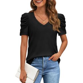 ATHMILE Womens Summer Shirt V Neck Casual Tshirts Puff Sleeve Tops for Women Trendy 2025 Tunic Solid Color