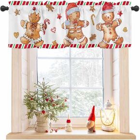 Christmas Curtain Valance for Windows Gingerbread Man Kitchen Curtain Valances Candy Cane Red Striped Valances Short Curtains for Kitchen Living Room Bedroom Xmas Winter Holiday Party Decor 42x12