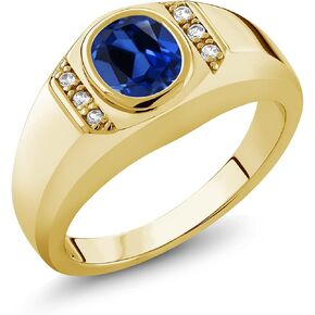Gem Stone King Men's 18K Yellow Gold Plated Silver Blue Created Sapphire and White Created Sapphire Ring (1.66 Cttw, Gemstone Birthstone, Available In Size 7, 8, 9, 10, 11, 12, 13)