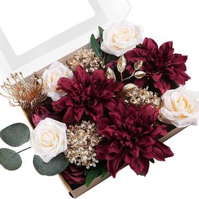 ponatia Artificial Flowers Wedding Flowers Combo for DIY Wedding Bouquets Party Decorations (Gold & Brugundy & Cream)