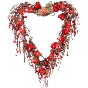 [ Timer ] Valentine's Day Wreaths for Front Door, 15 Inch Artificial Handmade Heart Wreath with 20 Red LED Lights, Red Pink White Berries Wreath for Home Wedding Party Anniversary Festival Decor