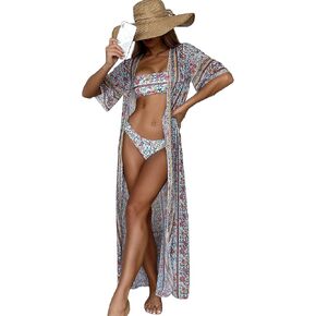 Floerns Women's 3 Piece Bathing Suit Floral Print Bikini Swimsuit with Kimono