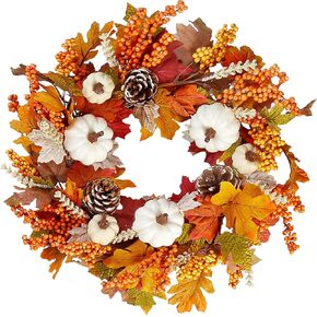 Sggvecsy Fall Wreath 20’’ Autumn Front Door Wreath Harvest Wreath with White Pumpkins Berries Maple Leaves Pine Cones Grain for Outside Indoor Home Wall Festival Thanksgiving Autumn Farmhouse Decor