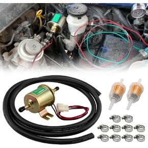 RYANSTAR RACING Universal Electric Fuel Pump Kit HEP-02A with 10PCS Hose Clamps 5/16" ID Fuel Line 2PCS Fuel Filters Compatible with 12V Cars Trucks Boats Carburetor Lawn Mower Gold