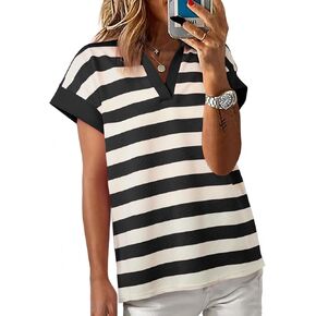 SHEWIN Womens Summer Tops Casual Short Sleeve Sweatshirt Color Block Striped Polo Shirts V Neck Pullover Tees Loose Blouses