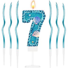 Landhoow Blue Mermaid Birthday Candles Set for Girls 2.8 Inch Sequins Candle with 6 Pcs 6.7 Inch Twisty Cake Topper Candles for Baby Kids Birthday Anniversary Sea Party Decoration(Number 6)