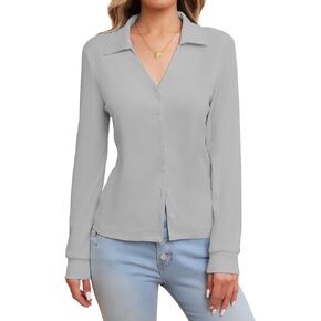 Women’s V Neck Cardigan Casual Button Down Lightweight Shirts Long Sleeve Collared Knit Blouses Tops
