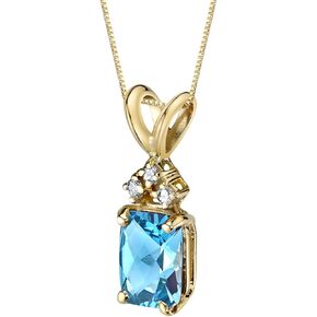 PEORA Swiss Blue Topaz with Genuine Diamond Pendant in 14 Karat Yellow Gold, Elegant Solitaire, Radiant Cut, 7x5mm, 1 Carat total, Blue Gemstone Necklace, December Birthstone Gold Necklace