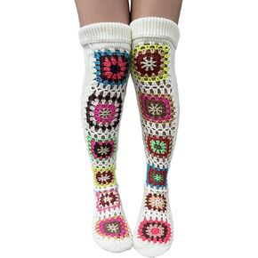 Leoparts Crochet Thigh High Socks Granny Square Over Knee High Retro Knitted Stocking Colorful Leg Warmers