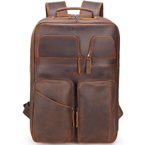 STAR VISTA Angelo 17.3" Vintage Full Grain Leather Laptop Backpack for Men, Multi Pockets, Casual Outdoor Business Travel Rucksack, YKK Zippers