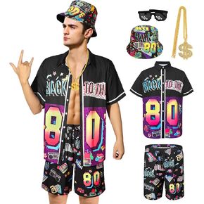 Mprocen 80s Workout Outfit for Men Tracksuit Costume Party Retro Shirts Short Pant Bucket Hats Hippie Disco Sportswear Suit