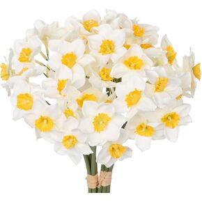 Briful 12 Stems Daffodils Artificial Flowers 2 Bunches Real Touch Fake Narcissus Flower 9in Silk Spring Fake Flowers Wedding Floral Decor Bouquet for Home Party Wedding Office Anniversary Decor,White