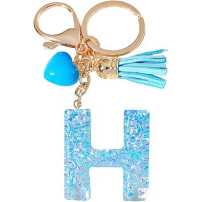Initial letter Keychains for Women Fashion Tassel Heart Pendant Cute Blue Keychain for Backpacks Wallet Handbags