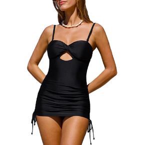 CUPSHE Women's One Piece Swim Dress Sweetheart Neck Bathing Suit Cutout Twist Convertible Removable Straps Drawstring