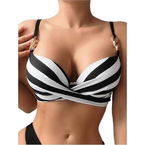 WDIRARA Women's Striped Bikini Top Chain Twist Swimsuit Top Push Up Bathing Suit Top