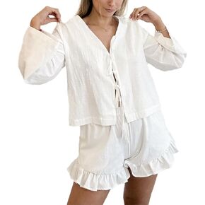 Women Fashion Shorts Sets Long Sleeve Tie Front Tops and Ruffled Shorts 2 Piece Cotton Pajamas Sets