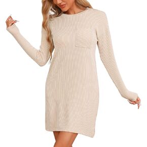 cheibear Womens Sleepwear Long Sleeve Stripe Nightgowns Crewneck Short Sleepshirts Soft Sleepdress with Pocket