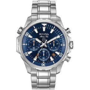 Bulova Men's Marine Star Series B Stainless Steel 6-Hand Chronograph Quartz Watch with Blue Leather and White Silicone Lining Strap, Blue Dial, 43mm Style: 96B287