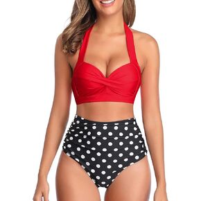 Tempt Me Women Two Piece Vintage Swimsuit Retro Halter Ruched High Waist Bikini with Bottom