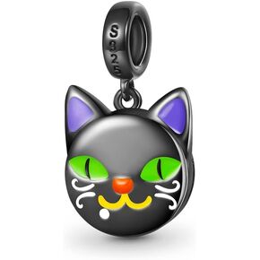 GNOCE Halloween Black Cat Pendant Charm Sterling Silver Dangle Halloween Charm with Fit Bracelet/Necklace for Women Wife/Jewelry Gift