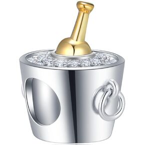 Gold Plated Champagne Charms in Ice Bucket, 925 Sterling Silver Champagne Bottle Beads with Clear CZ, fit Pandora Birthday Bracelet, Celebration Gifts for Party/Brother/Sister