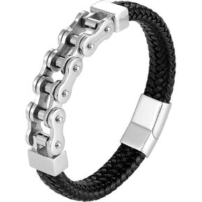 Dystopian Men’s Bracelet – Black Leather Braided Rope Bracelet with Contemporary Bike Chains – Genuine Leather & Stainless Steel – Black & Polished Silver Color – Jewelry Gift or Accessory for Men