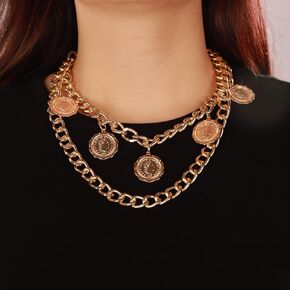 Punk Double Layer Coin Choker Chunky Chain Necklace Nightclub Bling Jewelry for Women Girls