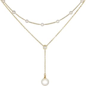 Jean Beau 2PCS Gold Pearl Drop Cubic Zirconia Y Necklace for Women and Tiny Dainty Pearls Station Strand Gold Layering Statement Choker