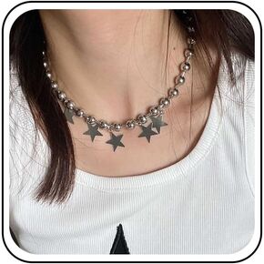 Punk Star Pendant Necklace Silver Station Bead Chain Necklace Star Choker Necklace Beaded Star Collar Necklace Jewelry for Women