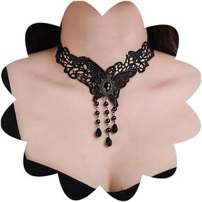 Xerling Black Lace Butterfly Choker Crystal Beads Tassel Necklaces Goth Halloween Statement Necklaces Vintage Lace Wrap Choker Jewelry Necklace for Women Costume (Type 3)