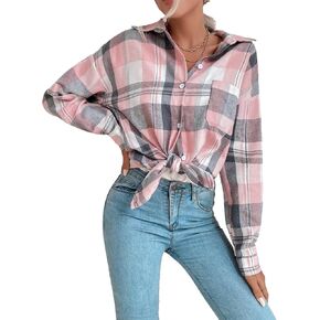 Korebow Womens Fashion Flannel Buffalo Plaid Shirt Button Down Long Sleeve Casual Loose Collared Shirts Blouse Top