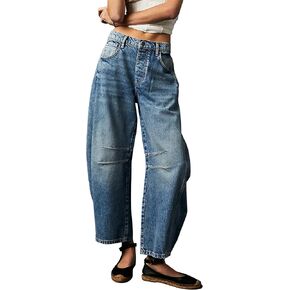 Ladyful Women's Baggy Barrel Jeans Boyfriend Wide Leg Denim Pants Mid Rise Cropped Jeans Blue