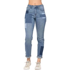 Judy Blue High Waist Double Rolled Cuff Patch Boyfriend Jeans for Women - 88499