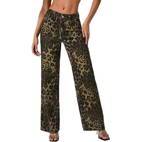 Kedera Women's Leopard Printed Wide Leg Jeans Baggy Straight Jeans Casual Boyfriend Mid Rise Ankle Denim Pants