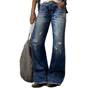 Flamingals Straight Leg Jeans for Women Ripped Raw Hem Mid Waisted Bootcut Jeans Without Belts