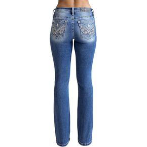 Miss Me Women's V Floral Faux Flap Pockets Mid-Rise Bootcut Jeans