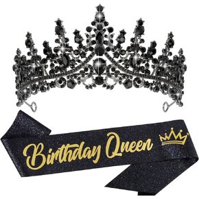 VELSCRUN Birthday Queen Tiara Crowns for Women Girls Black Crystal Birthday Queen Headband Sash Elegant Princess Crown Happy Birthday Party Decorations Mom Sisters Birthday Gift Hair Accessories in Saudi Arabia