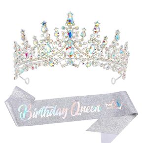 VELSCRUN Birthday Queen Tiara Crowns for Women Girls Black Crystal Birthday Queen Headband Sash Elegant Princess Crown Happy Birthday Party Decorations Mom Sisters Birthday Gift Hair Accessories