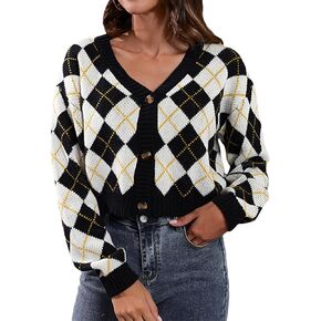 Wowcarbazole Women's Knit Cardigan Sweaters Long Sleeve Argyle Open Front Button Down V Neck Cropped Coats Casual Trendy Tops